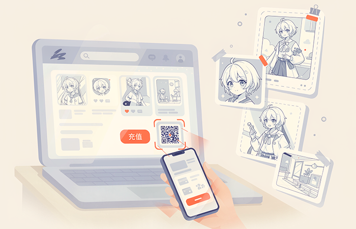 米画师在线充值与约稿交易示意图